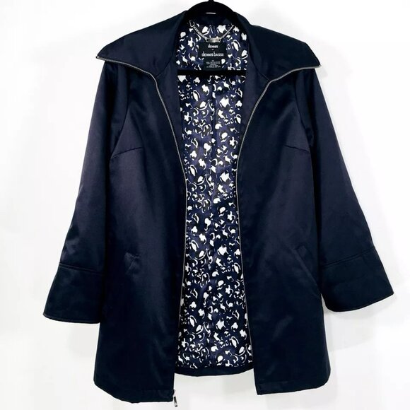 Dennis Basso Sz XS Front Zip Rain Jacket Navy Satin Anorak Removable Hood - Picture 6 of 12